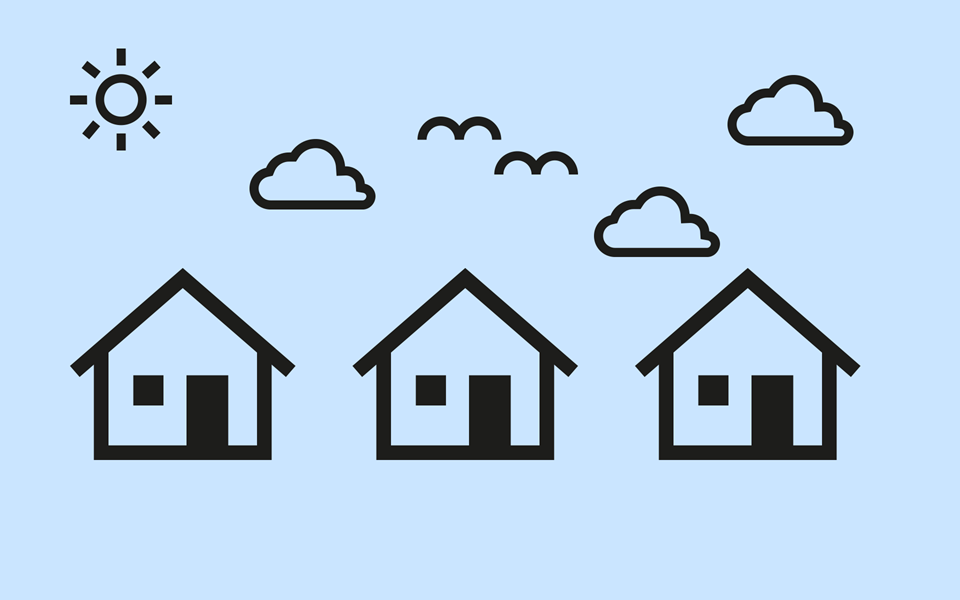 En grafisk bild som visar tre hus med moln ovanför.